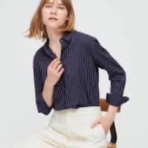 Uniqlo Navy Rayon Striped Long-Sleeve Blouse